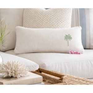 Lilly Pulitzer White Waffle Knit Palm Tree Embroidered Accent Pillow Indoor Out